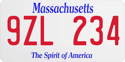 MA license plate 9ZL234