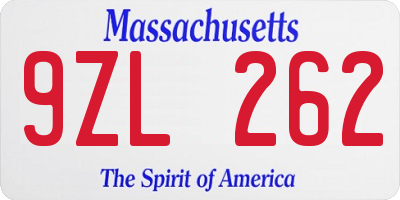 MA license plate 9ZL262