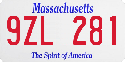 MA license plate 9ZL281