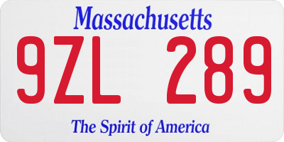 MA license plate 9ZL289
