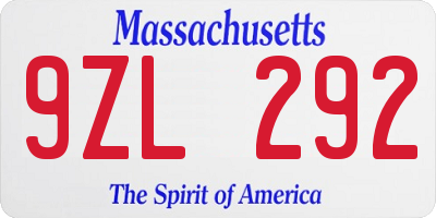 MA license plate 9ZL292