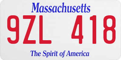 MA license plate 9ZL418