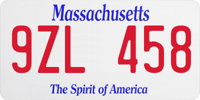 MA license plate 9ZL458