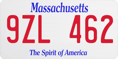 MA license plate 9ZL462