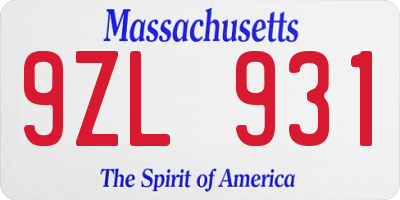MA license plate 9ZL931