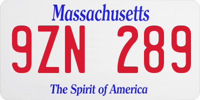 MA license plate 9ZN289