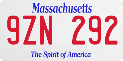 MA license plate 9ZN292