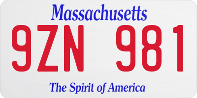 MA license plate 9ZN981