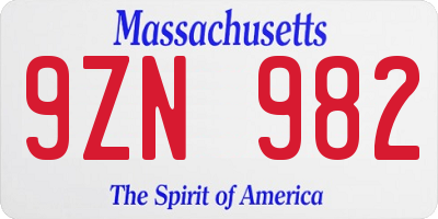 MA license plate 9ZN982