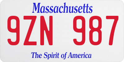 MA license plate 9ZN987