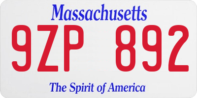 MA license plate 9ZP892