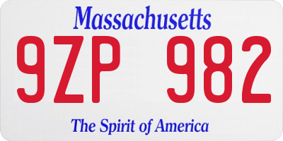 MA license plate 9ZP982