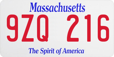 MA license plate 9ZQ216