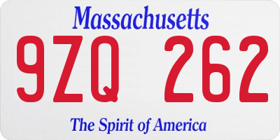 MA license plate 9ZQ262