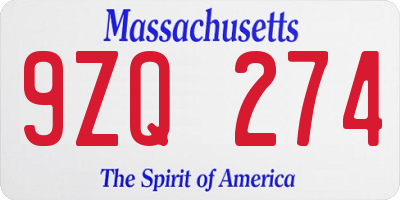 MA license plate 9ZQ274
