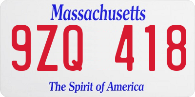 MA license plate 9ZQ418