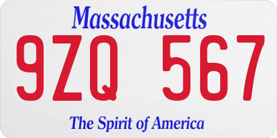 MA license plate 9ZQ567