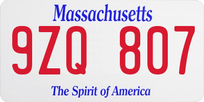 MA license plate 9ZQ807