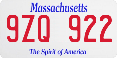 MA license plate 9ZQ922