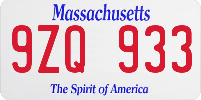 MA license plate 9ZQ933