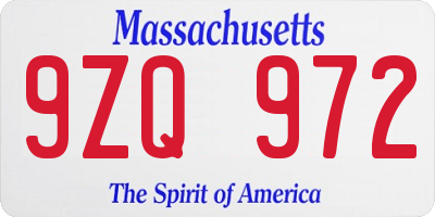 MA license plate 9ZQ972