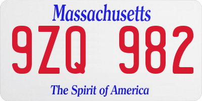 MA license plate 9ZQ982