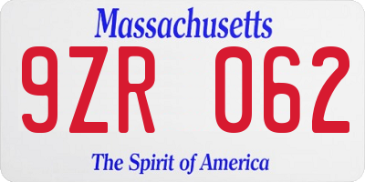 MA license plate 9ZR062