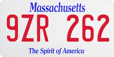 MA license plate 9ZR262