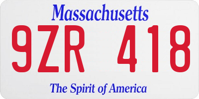 MA license plate 9ZR418