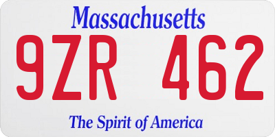 MA license plate 9ZR462
