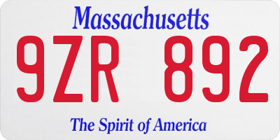 MA license plate 9ZR892