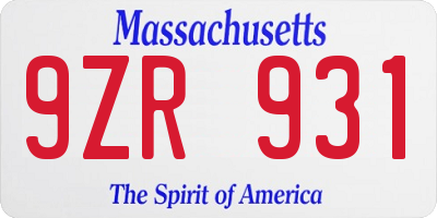 MA license plate 9ZR931