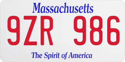MA license plate 9ZR986