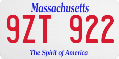 MA license plate 9ZT922