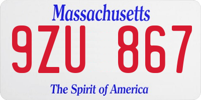 MA license plate 9ZU867