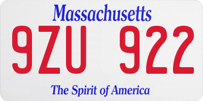 MA license plate 9ZU922