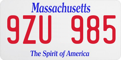 MA license plate 9ZU985