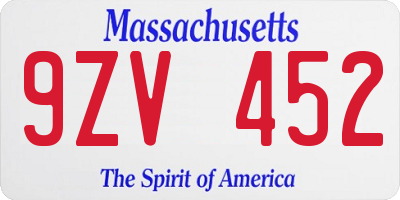 MA license plate 9ZV452