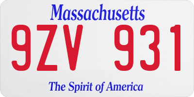 MA license plate 9ZV931