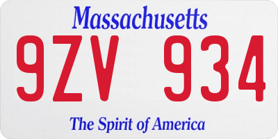 MA license plate 9ZV934
