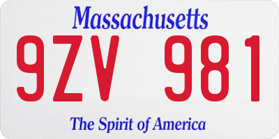 MA license plate 9ZV981