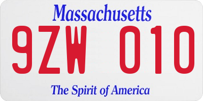 MA license plate 9ZW010