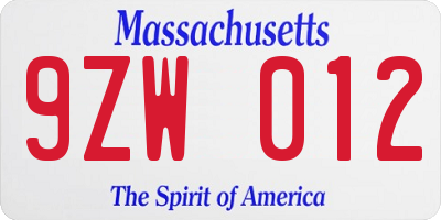 MA license plate 9ZW012