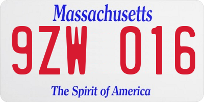 MA license plate 9ZW016