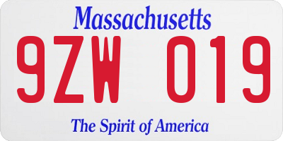 MA license plate 9ZW019