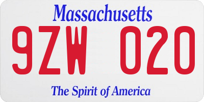 MA license plate 9ZW020