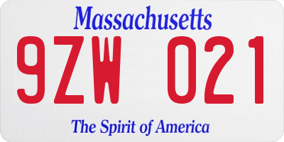 MA license plate 9ZW021