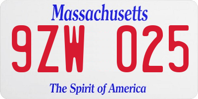 MA license plate 9ZW025