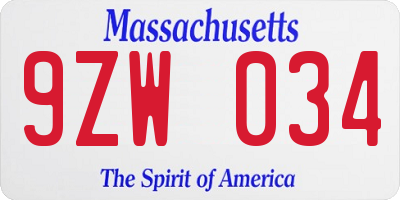 MA license plate 9ZW034