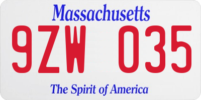 MA license plate 9ZW035